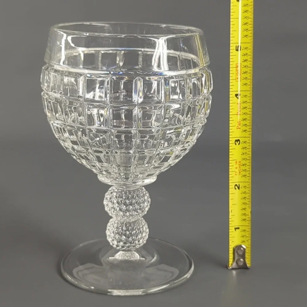 Vintage Waffle Grid Crystal Wine Goblets Double Ball Hobnail Stem Set of 5 Clear
